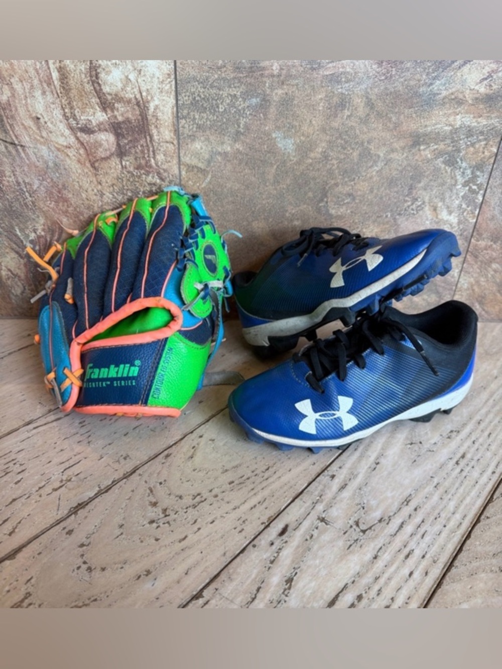 Under Armour Kids Baseball Cleats Size 13 & Franklin Baseball Glove Size 9.5”